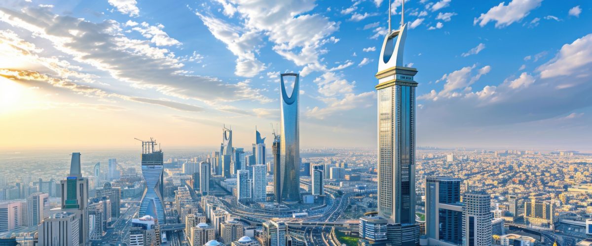 Riyadh's Golden Hour: A panoramic vista of Saudi Arabia's capital city, bathed in the warm glow of sunset, showcasing its iconic skyline and modern architectural marvels.